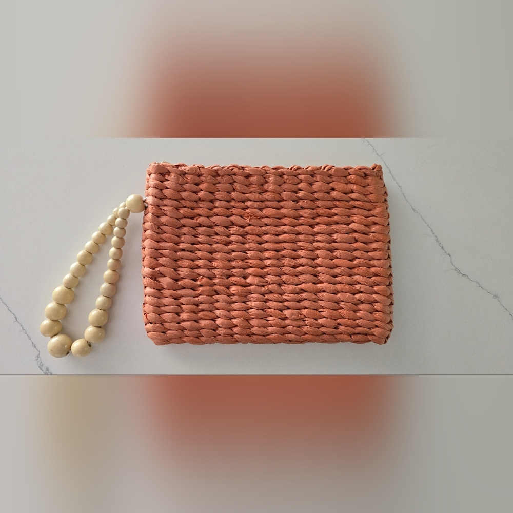 Woven Coral Wristlet Clutch with Beaded Handle